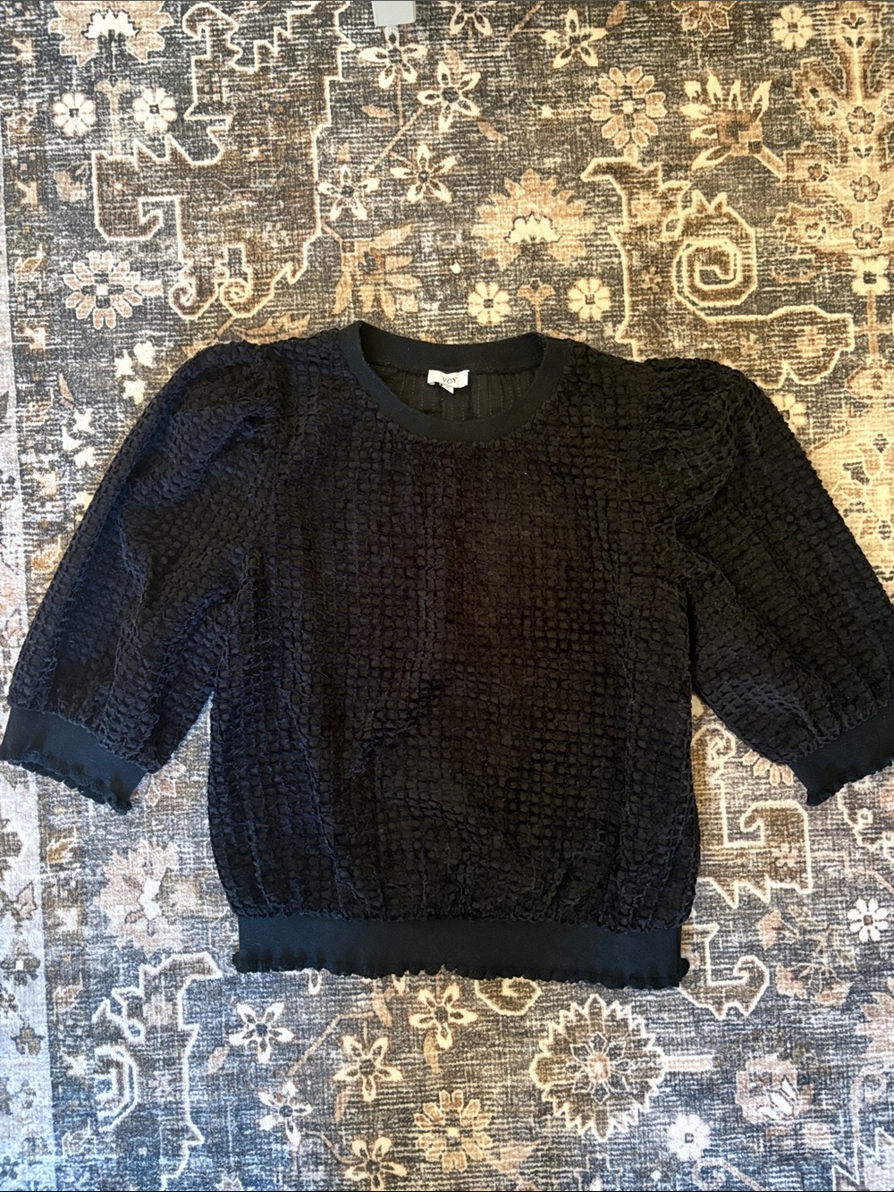 Black Textured Puff-Sleeve Sweater